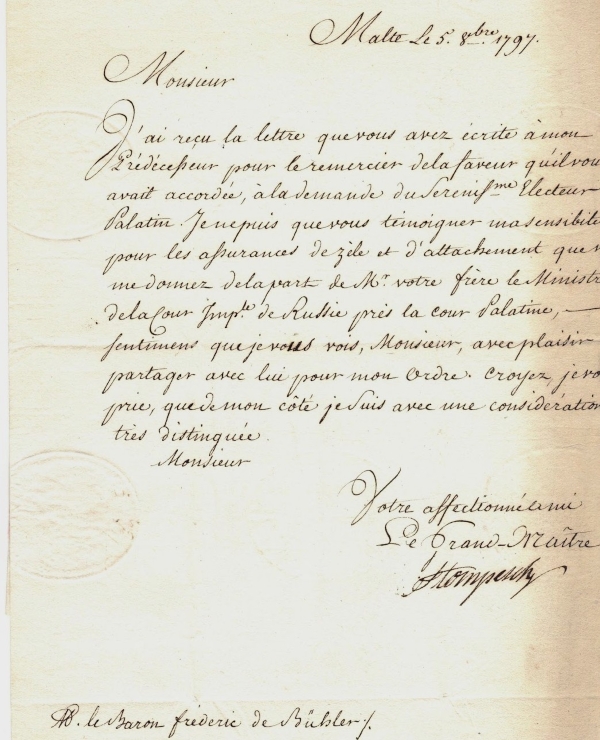 Historischer Originalbrief von Großmeister Ferdinand von Hompesch aus dem Jahr 1797