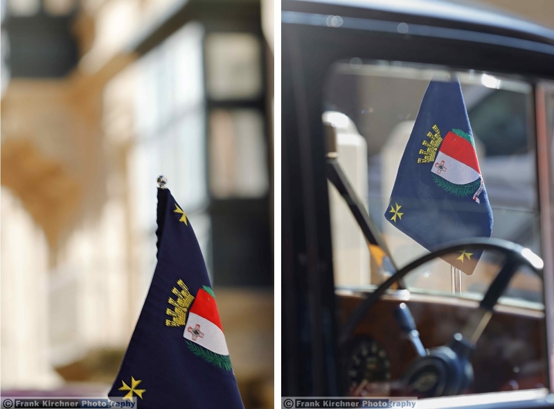 Die Standarte mit der Flagge des  maltesischen Staatsoberhauptes zeigt auf blauem Grund im Zentrum das Staatswappen, an den vier Ecken flankiert vom Malteserkreuz in Gold. Foto: © Frank Kirchner Photography.