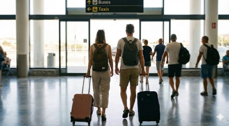 Lena und Julian sind jetzt über ihre Optionen zur Weiterfahrt zu ihrer Unterkunft bestens informiert und gehen zum Ausgang. Symbolbild (Edit: Gemini).